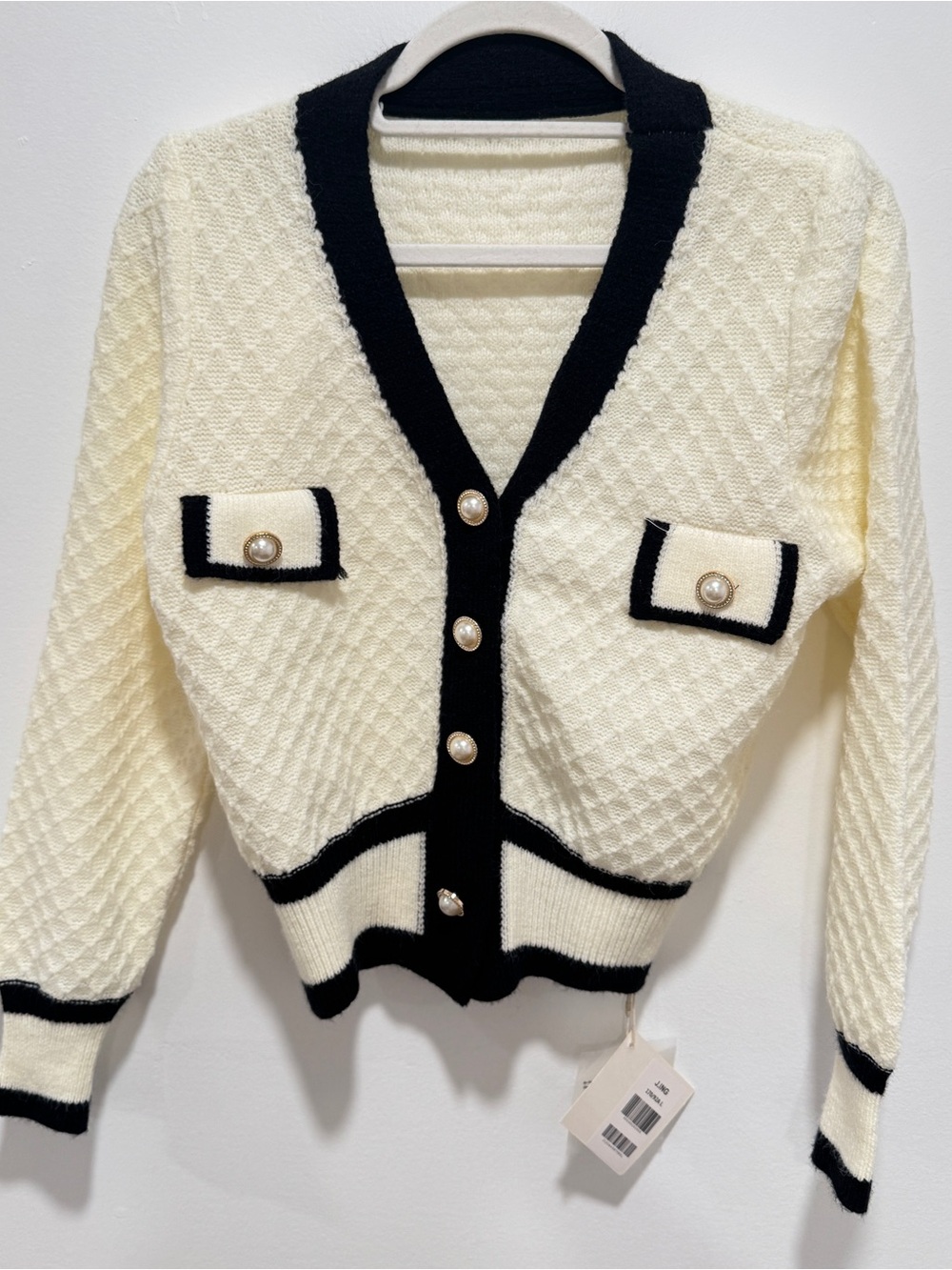 J.ING Cardigan Women L Ivory Black Contrast Trim Pearl Button Textured NWT